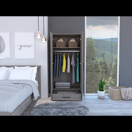 Tuhome Ambery 180 Armoire, Two Shelves, Double Door, Metal Rod, One Drawer, Light Gray CLZ5945